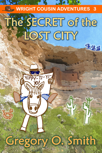 Drawing of cartoon cowboy riding on white horse reading a newspaper. Cliff dwellings are seen in the background with 3 pursuing riders on top of cliff.