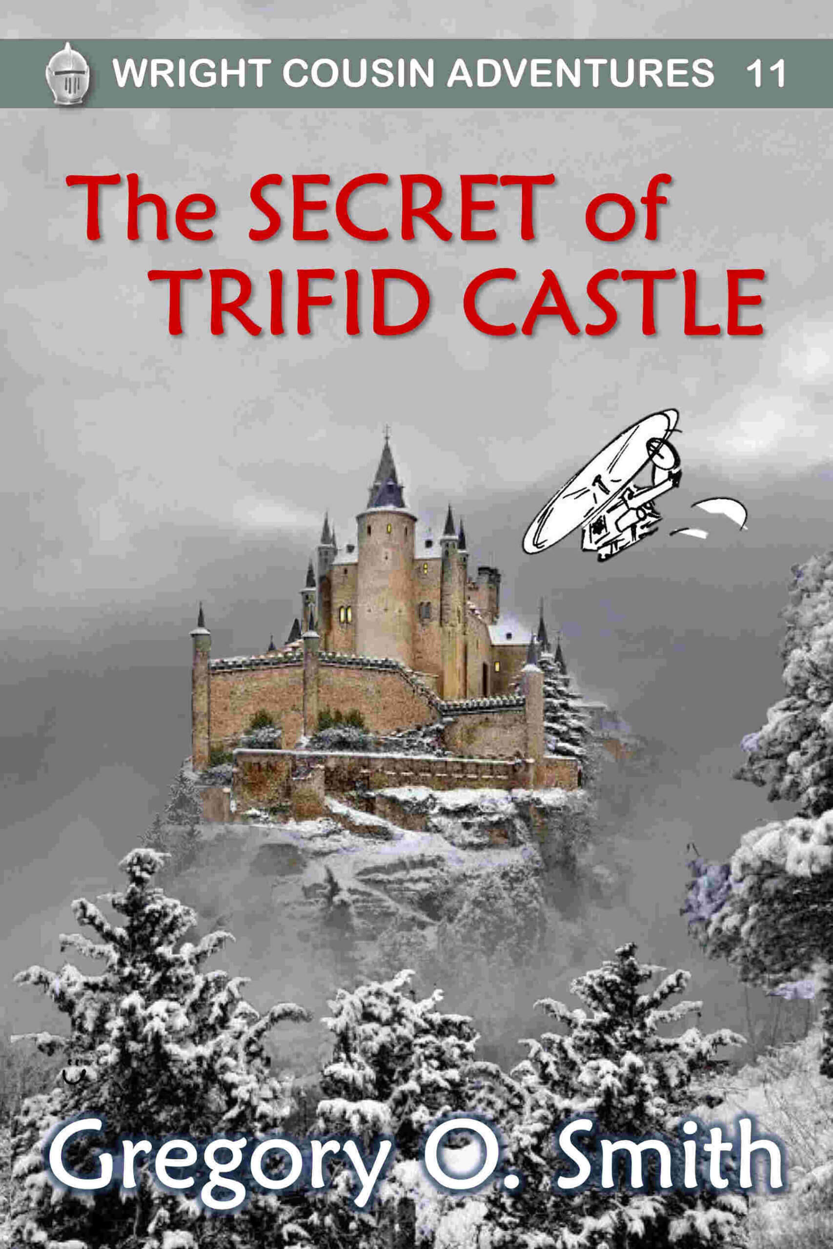 Castle in snow with flying helicopter