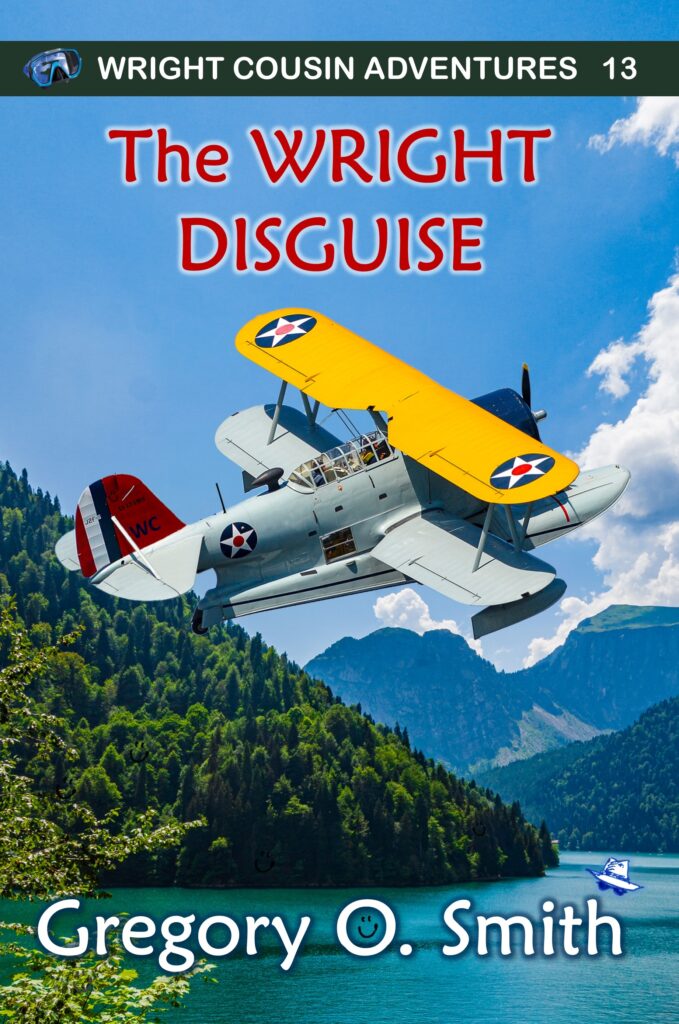 The Wright Disguise book cover, book 13 in the Wright Cousin Adventures, has a Grumman J2F Duck sea plane flying over a beautiful mountain lake.