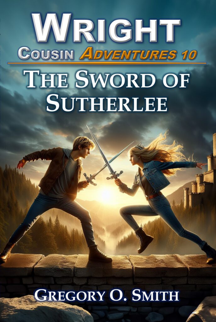 Children's book cover for The Sword of Sutherlee, by Gregory O. Smith, book 10 in the Wright Cousin Adventures mystery adventure series