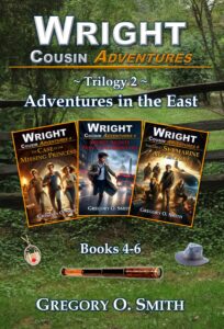 Book cover for the Wright Cousin Adventures Trilogy 2: Adventures in the East. Books 4-6: The Case of the Missing Princess; Secret Agents Don't Like Broccoli, and The Great Submarine Adventure.