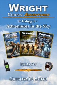 Book cover for Wright Cousin Adventures Trilogy 3: Adventures in the Sky. Includes books 7-9: Take to the Skies, The Wright Cousins Fly Again!, and Reach for the Stars.