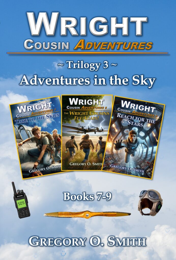 Book cover for Wright Cousin Adventures Trilogy 3: Adventures in the Sky. Includes books 7-9: Take to the Skies, The Wright Cousins Fly Again!, and Reach for the Stars.