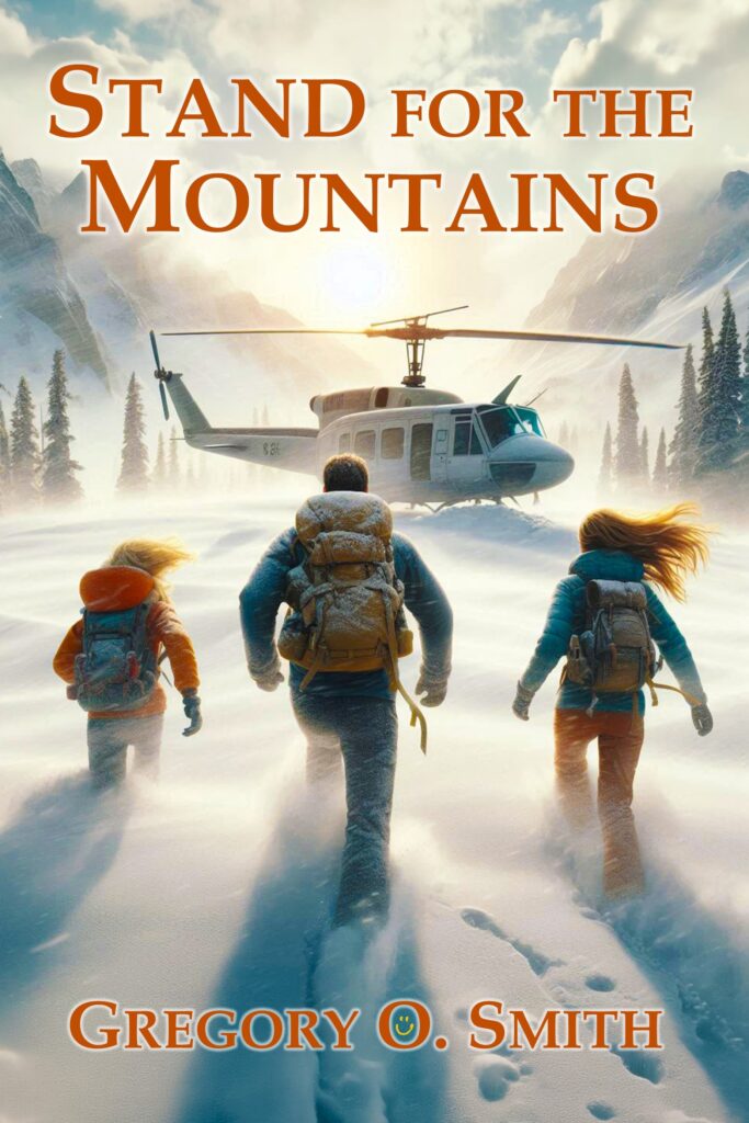 3 people walking toward helicopter in snowy mountains