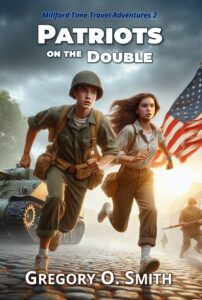 Boy and girl running by American flag and Sherman tank time travel adventure